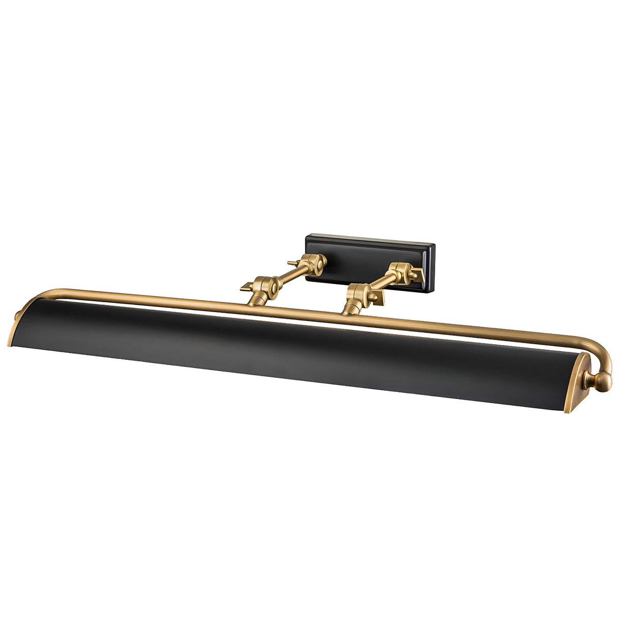 The Winchfield 4 Light Large Picture Light in aged brass and matte black features an elegant rectangular shade and adjustable arms, specifically designed to illuminate artwork. This fixture blends mid-century modern style with a sophisticated finish, enhancing any decor.