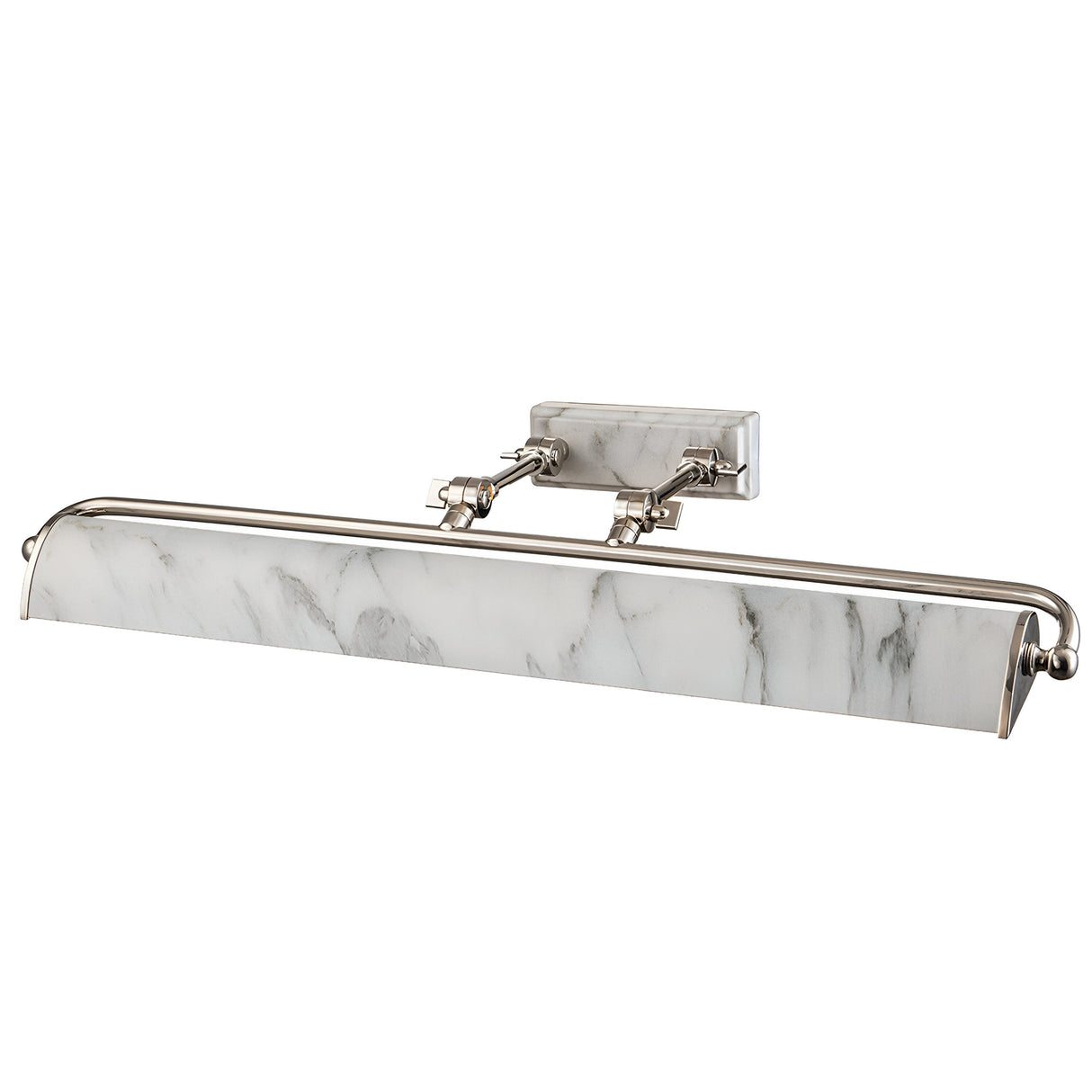 The Winchfield 4 Light Large Picture Light in polished nickel and white marble effect is a contemporary wall-mounted fixture that features an adjustable arm for directed lighting, making it ideal for showcasing artwork.