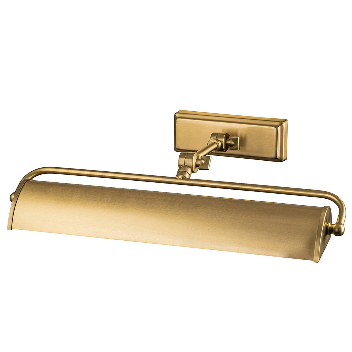 The Winchfield 2 Light Medium Picture Light in aged brass boasts an adjustable arm mounted on a rectangular wall plate. Its cylindrical shade is ideal for illuminating artwork or photos, adding a touch of mid-century modern elegance to any space.