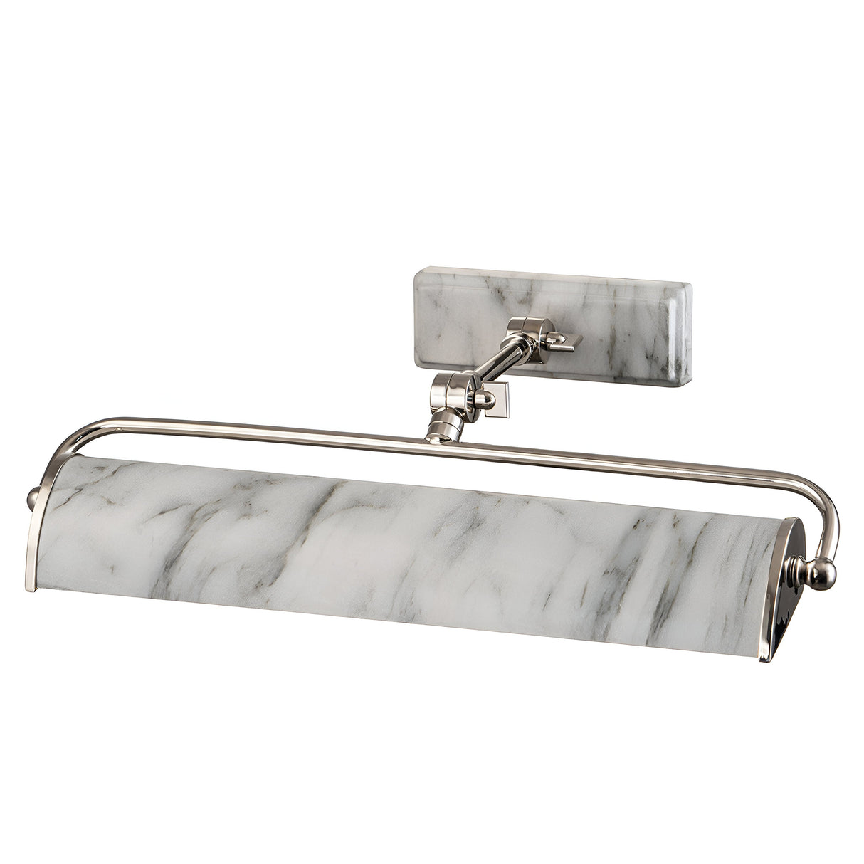 Introducing the Winchfield 2 Light Medium Picture Light in Polished Nickel & White Marble Effect, featuring a sleek rectangular base. This refined picture light comes with a white marble effect shade and an adjustable arm, enabling precise illumination of artwork or pictures.