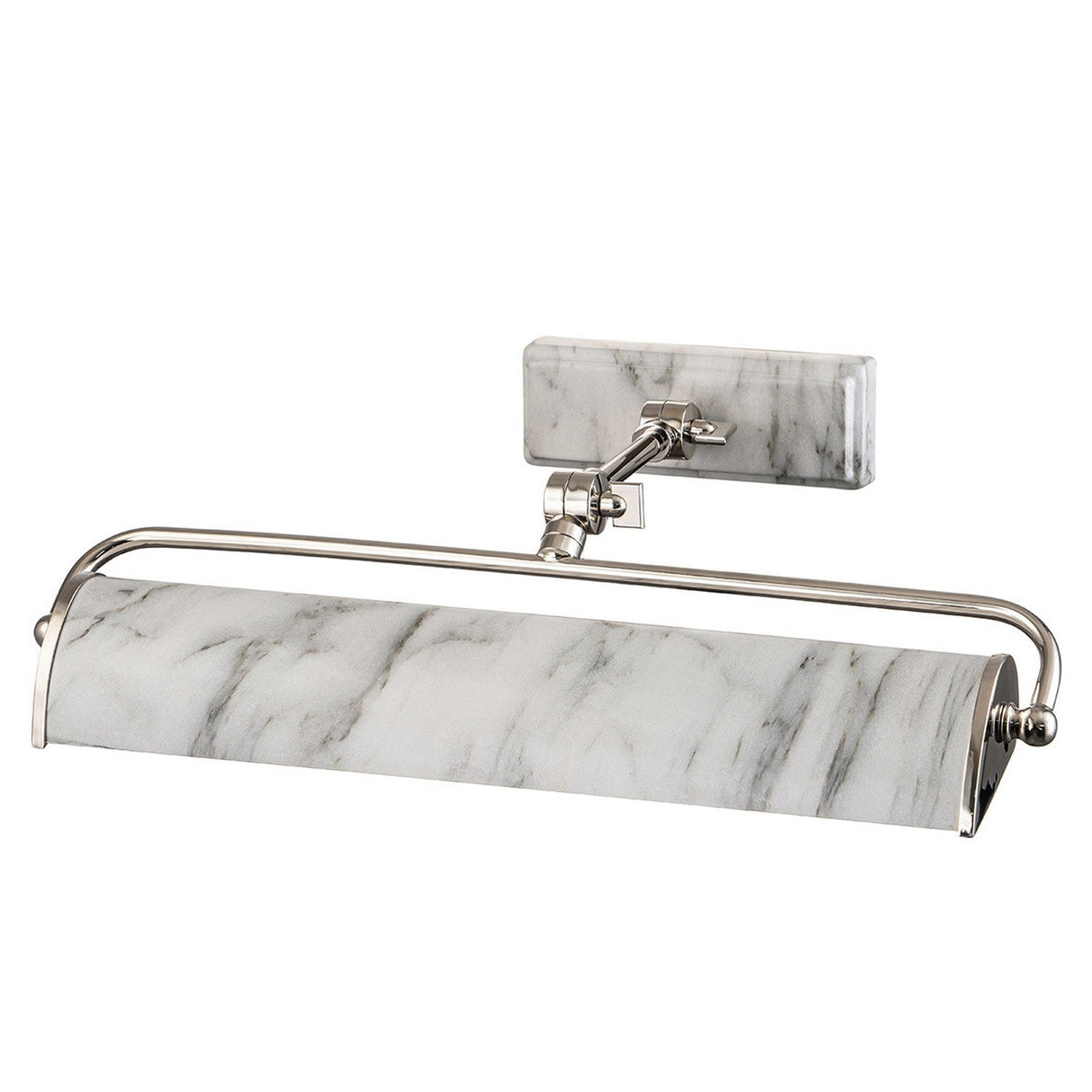 The Winchfield 2 Light Medium Picture Light, featuring a polished nickel frame and a white marble effect shade, is designed to illuminate artwork or photos.