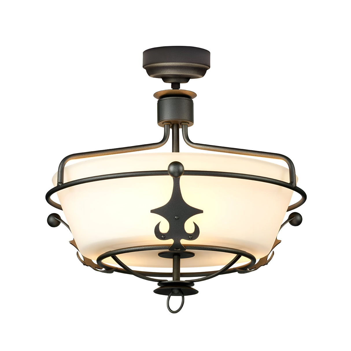 The Windsor 3 Light Semi-Flush - Graphite ceiling fixture features a regal design with a circular frosted glass shade enclosed in a black metal frame. It includes decorative metal accents with a graphite finish and hangs from a short stem attached to the ceiling.