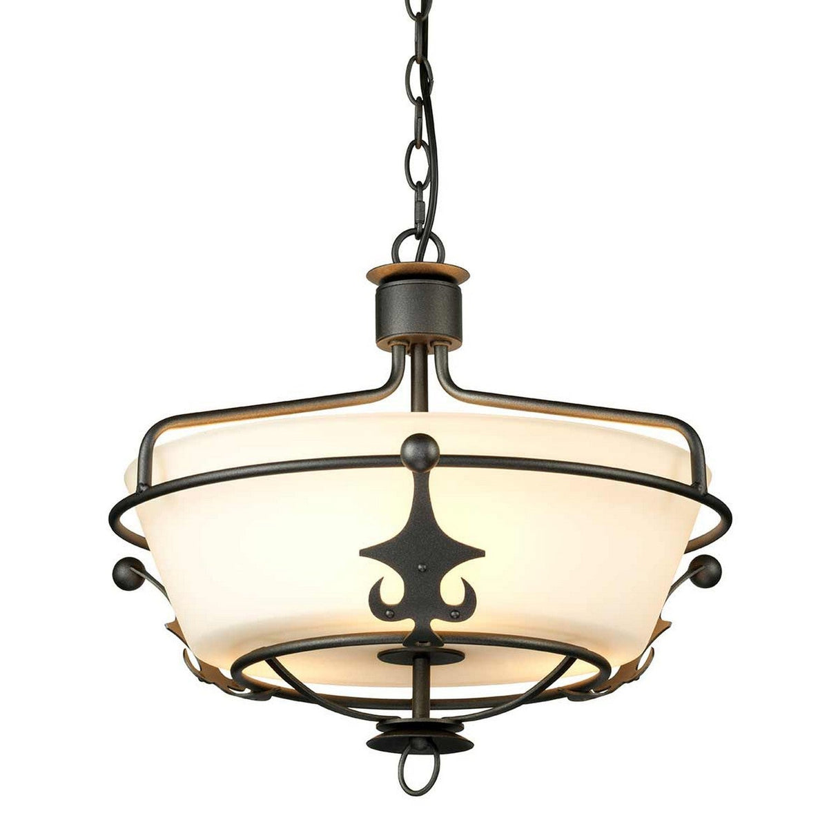 Introducing the Windsor 3 Light Semi-Flush in Graphite, featuring a frosted glass shade and decorative metal accents suspended by a chain. The intricate scrollwork of its metal frame enhances its elegant, modern design, exuding a regal aesthetic.