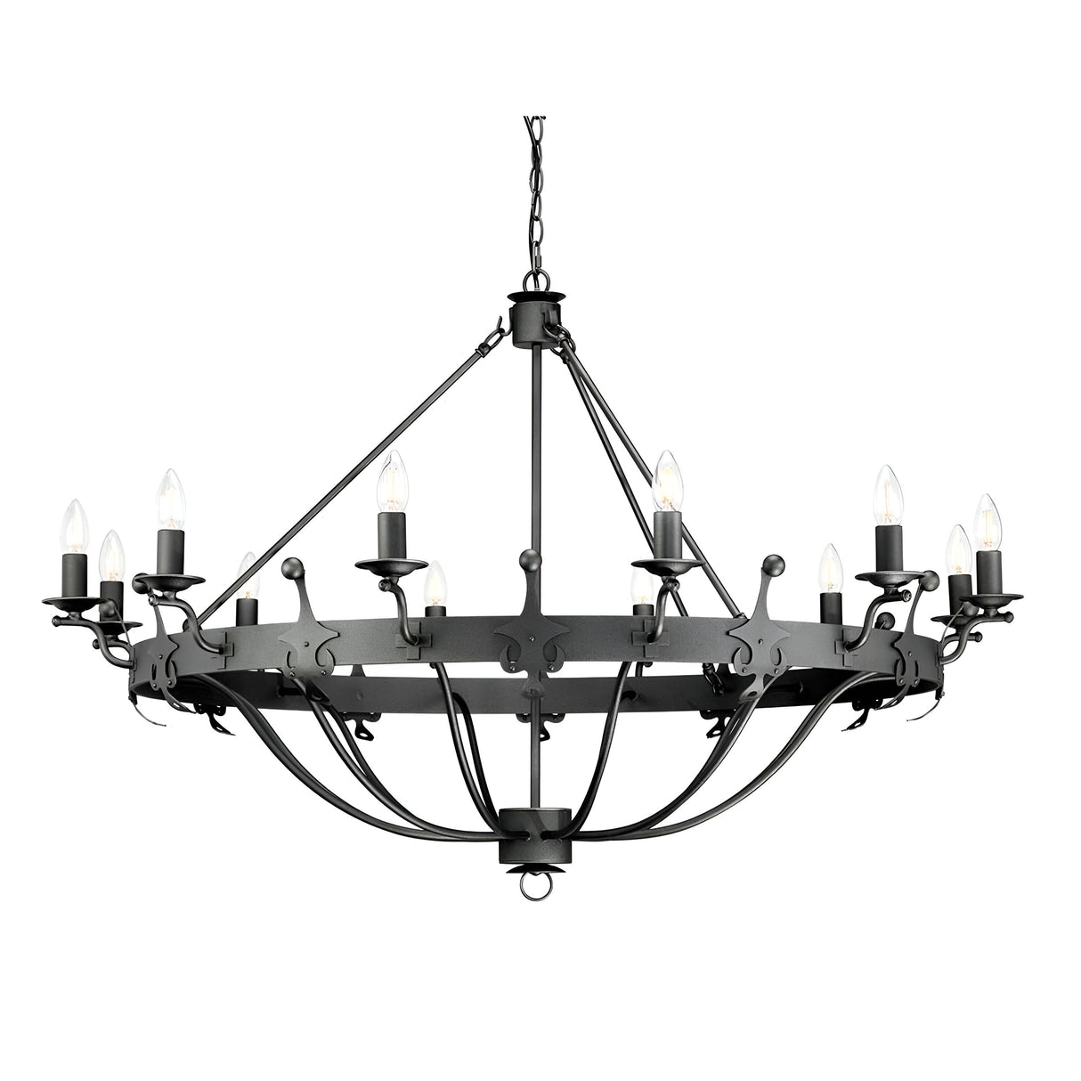 The Windsor 12 Light Chandelier - Graphite features a striking black wrought iron design, providing statement lighting with its two tiers of candle-shaped bulbs arranged in a circular pattern. Suspended by chains, this chandelier exudes a vintage, industrial style.