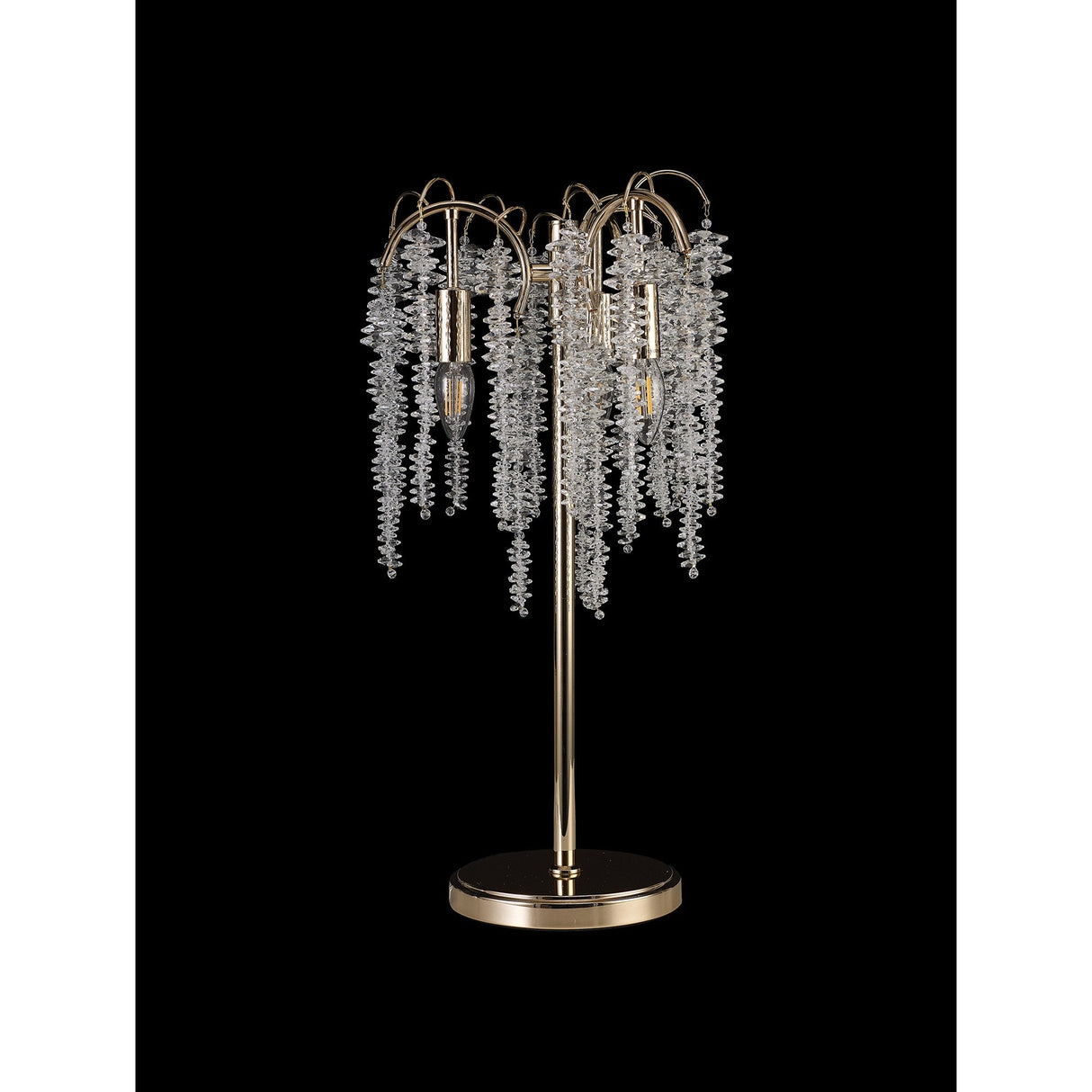 The Wisteria 3 Light Table Lamp features a modern gold design with cascading clusters of clear crystals, resembling a weeping willow, and stands out beautifully against a solid black background.