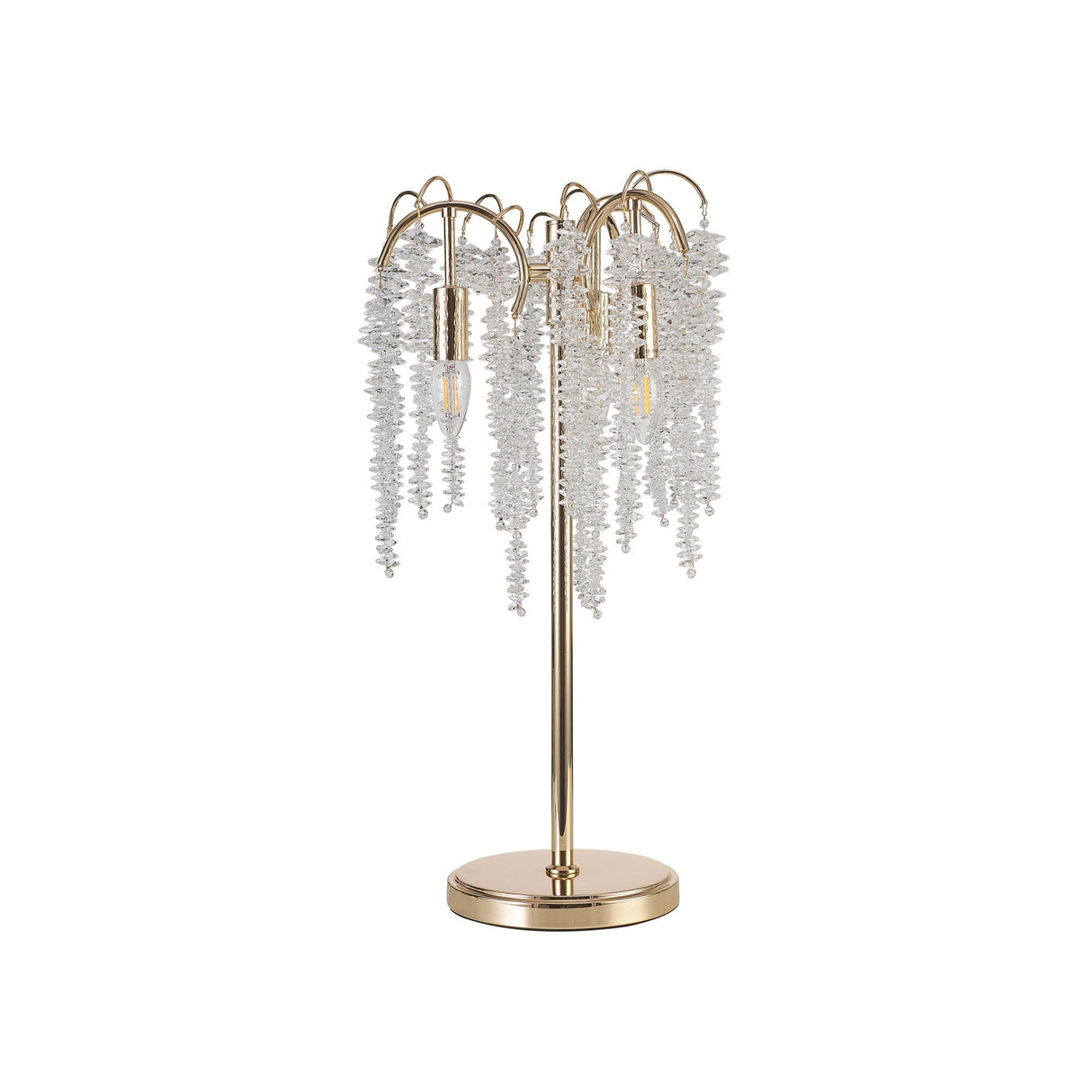 The Wisteria 3 Light Table Lamp features a gold finish with a round base and clear crystal clusters on multiple curved arms, providing elegant chandelier style and dimmable lighting for customizable ambiance.