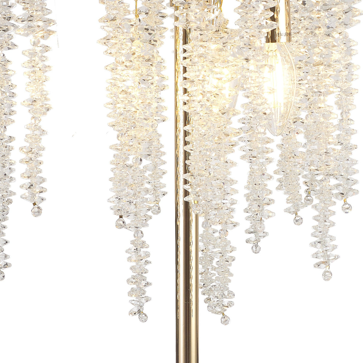 Close-up of the Wisteria 3 Light Table Lamp in gold, featuring cascading clusters of clear crystals and a visible bulb for a sparkling, elegant effect.