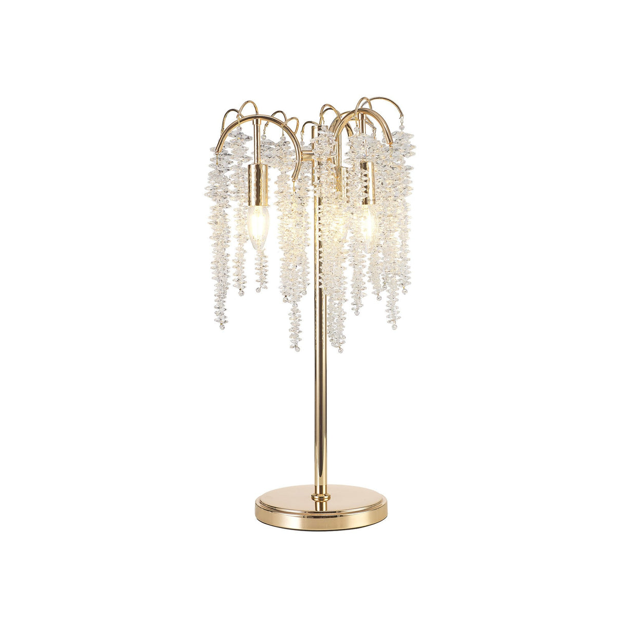 The Wisteria 3 Light Table Lamp in gold features a round base and three fixtures with clear crystal clusters, creating an elegant chandelier effect and offering versatile dimmable lighting.
