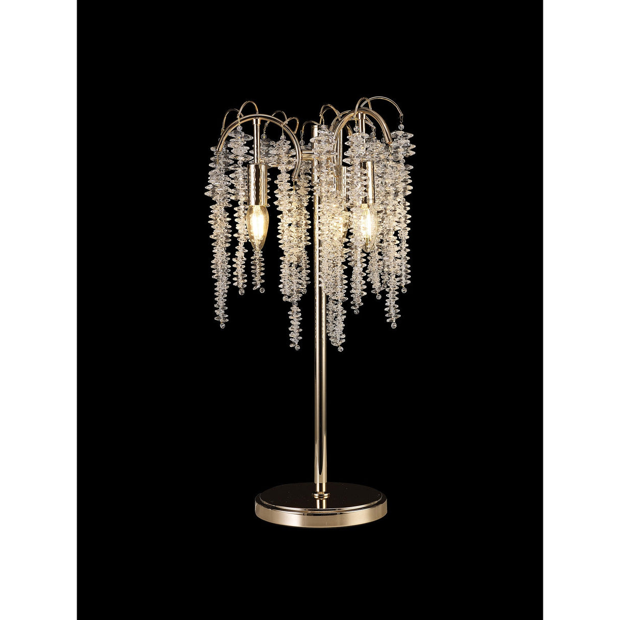The Wisteria 3 Light Table Lamp features a gold finish, clear crystal clusters reminiscent of hanging flowers or vines, dimmable lighting, and a round base—all set against a black background.