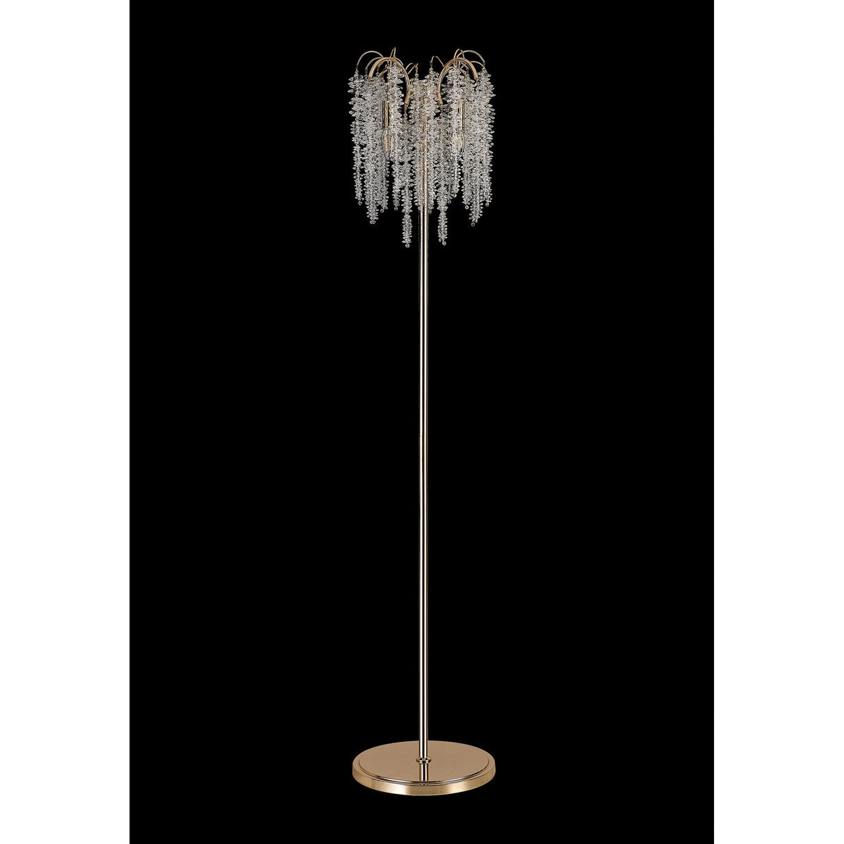 The Wisteria 4 Light Crystal Floor Lamp in French Gold features a round base and cascading crystal strands, resembling a chandelier to create stunning ambient lighting—an elegant addition to any space.