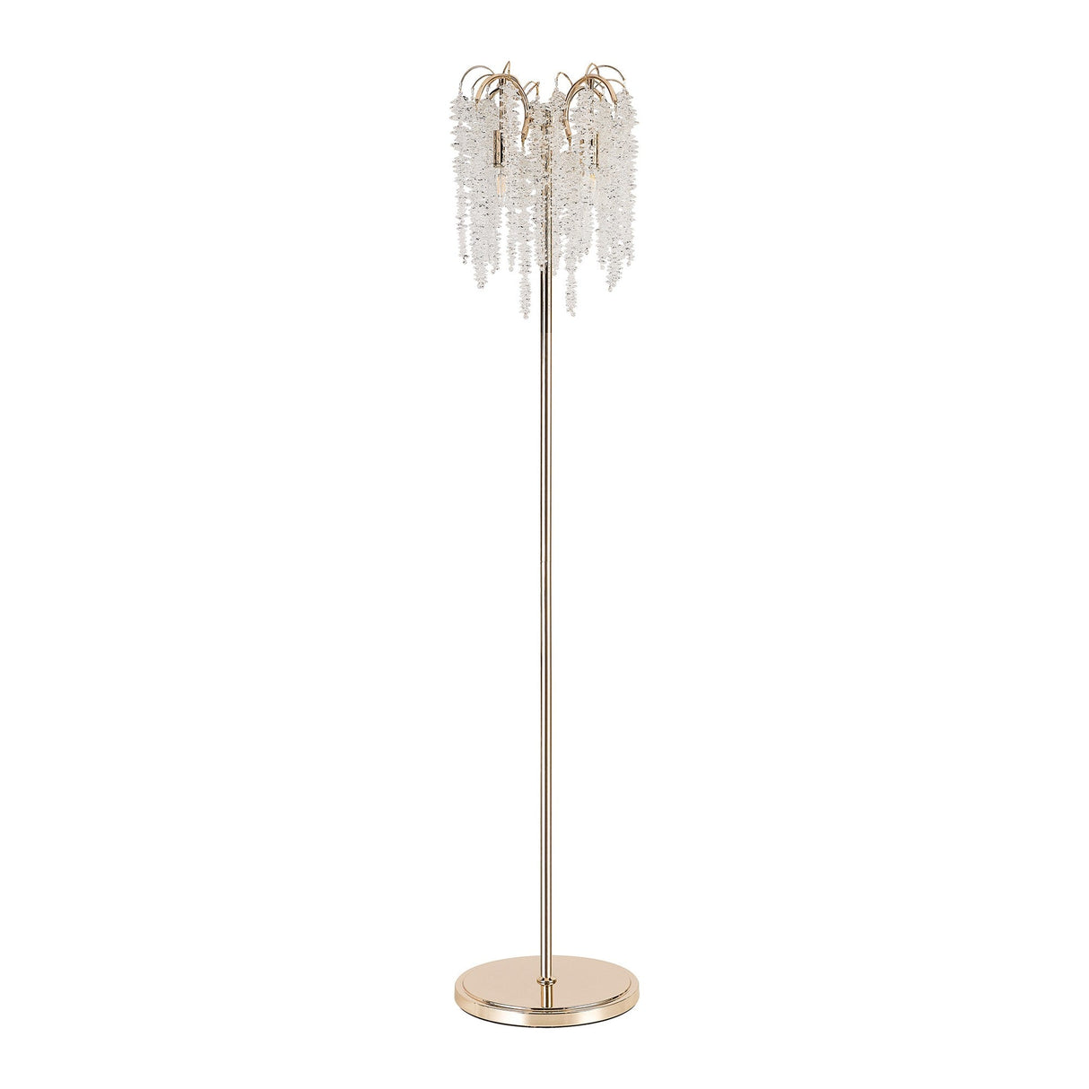 The Wisteria 4 Light Crystal Floor Lamp in French Gold features a sleek metal base and stem, adorned with cascading crystal-like strands for chandelier-inspired elegance and ambient lighting.