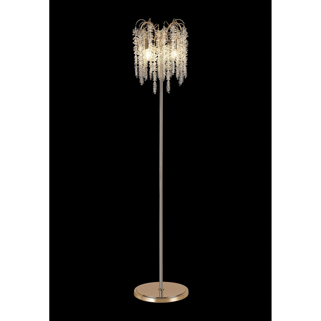 The Wisteria 4 Light Crystal Floor Lamp in French Gold features a gold base and pole with cascading crystal-like decorations resembling hanging vines, creating stunning ambient lighting against a black background.