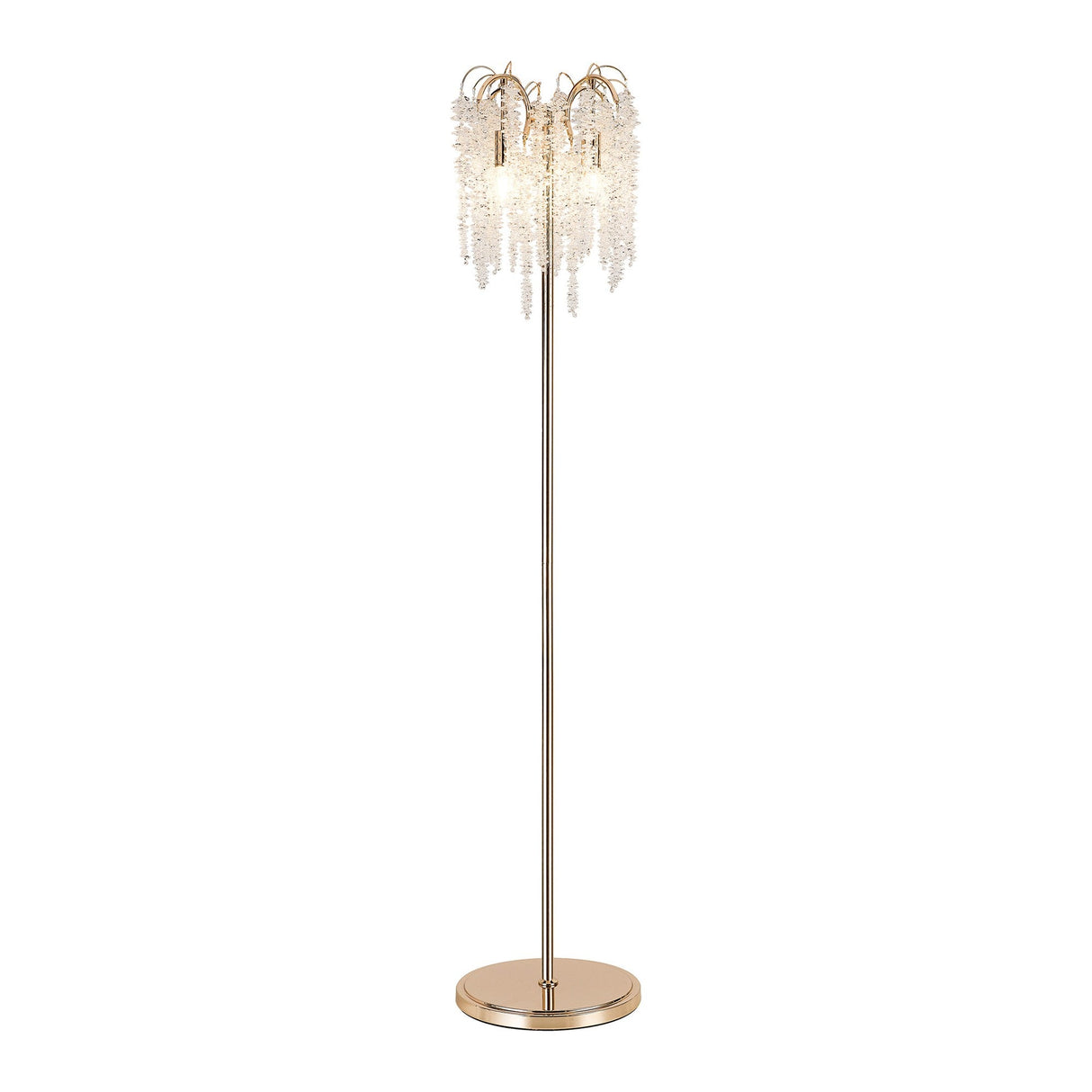 The Wisteria 4 Light Crystal Floor Lamp in French Gold features a shimmering base and pole with cascading crystal-like ornaments, adding sparkling ambient lighting and elegance to any space.