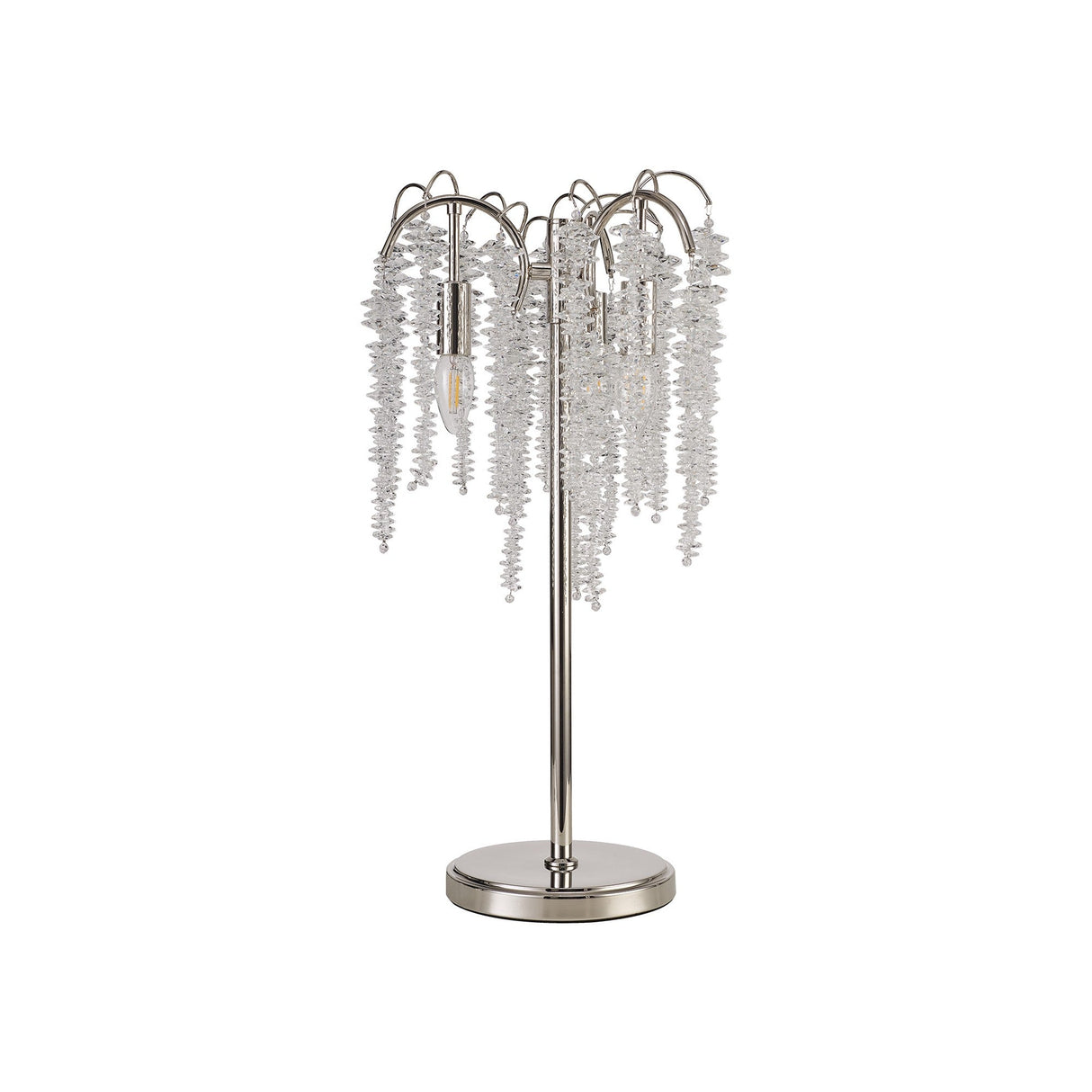 The Wisteria 3 Light Table Lamp features a nickel base and stand with clusters of clear crystals, offering the elegance of a chandelier-inspired design to enhance any space.