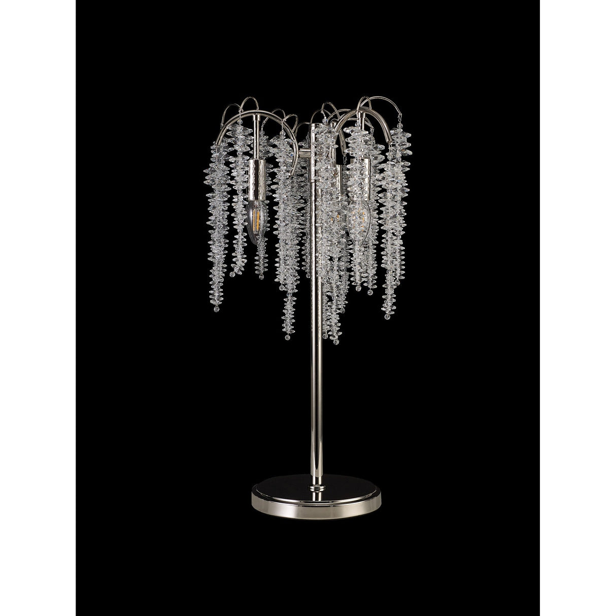 The Wisteria 3 Light Table Lamp in nickel features clear crystal clusters hanging from curved arms on a round base, set against a black background, for modern style and ambient lighting in any space.