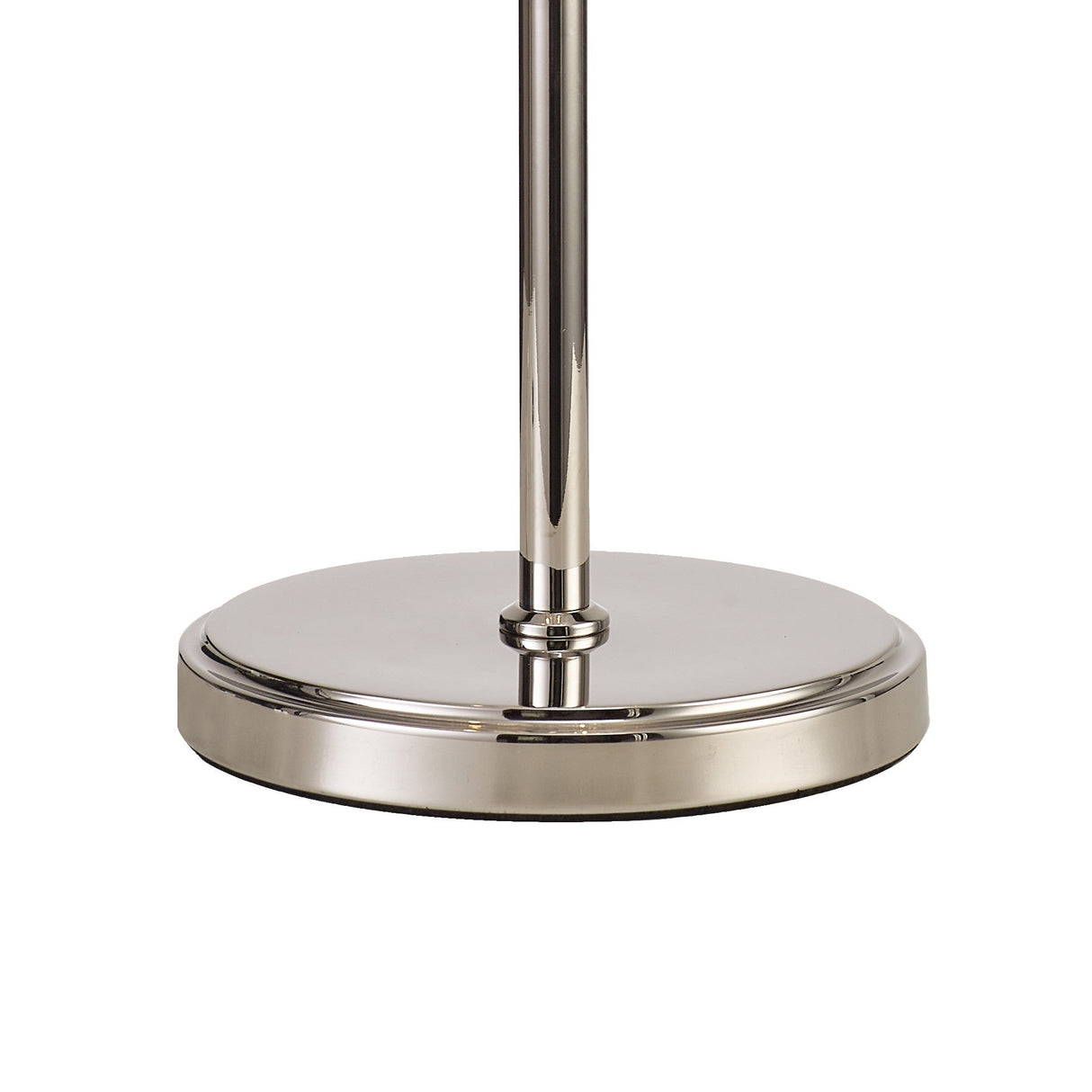 The Wisteria 3 Light Table Lamp features a sleek, round nickel base with a central vertical pole and clear crystal clusters, showcasing a contemporary design. Photographed against a white background.