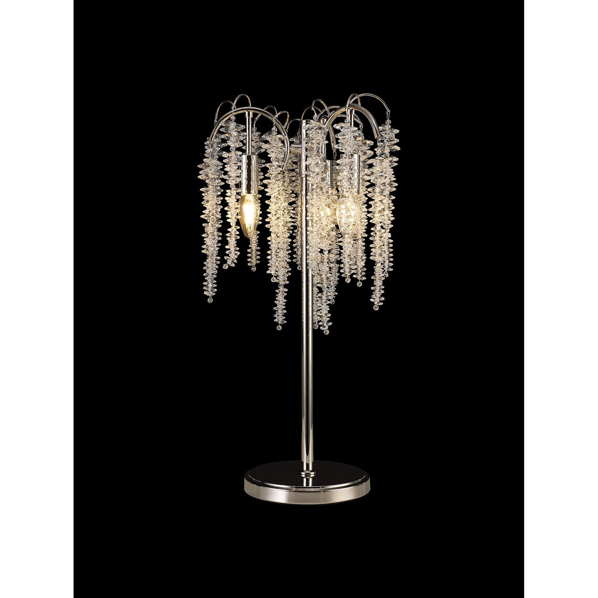 The Wisteria 3 Light Table Lamp features a nickel base with clear crystal clusters resembling vines, providing dimmable lighting and an elegant glow against a black background.