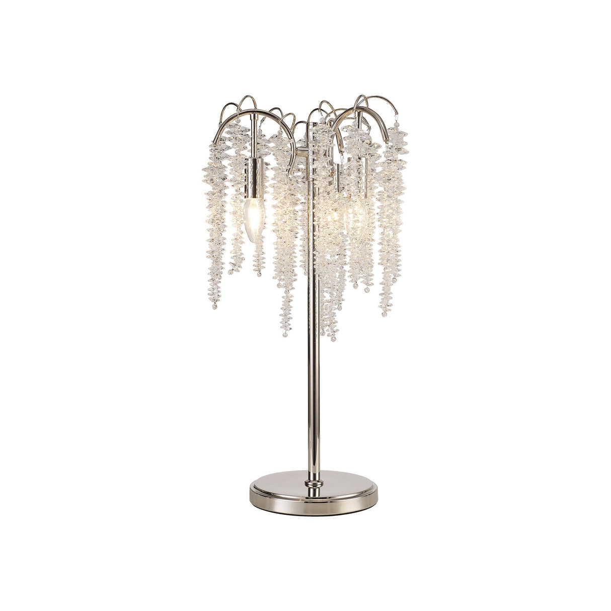 The Wisteria 3 Light Table Lamp features a sleek nickel base and clear crystal clusters, creating a chandelier effect. Its dimmable lighting and elegant design make it a stylish, decorative addition to any space.