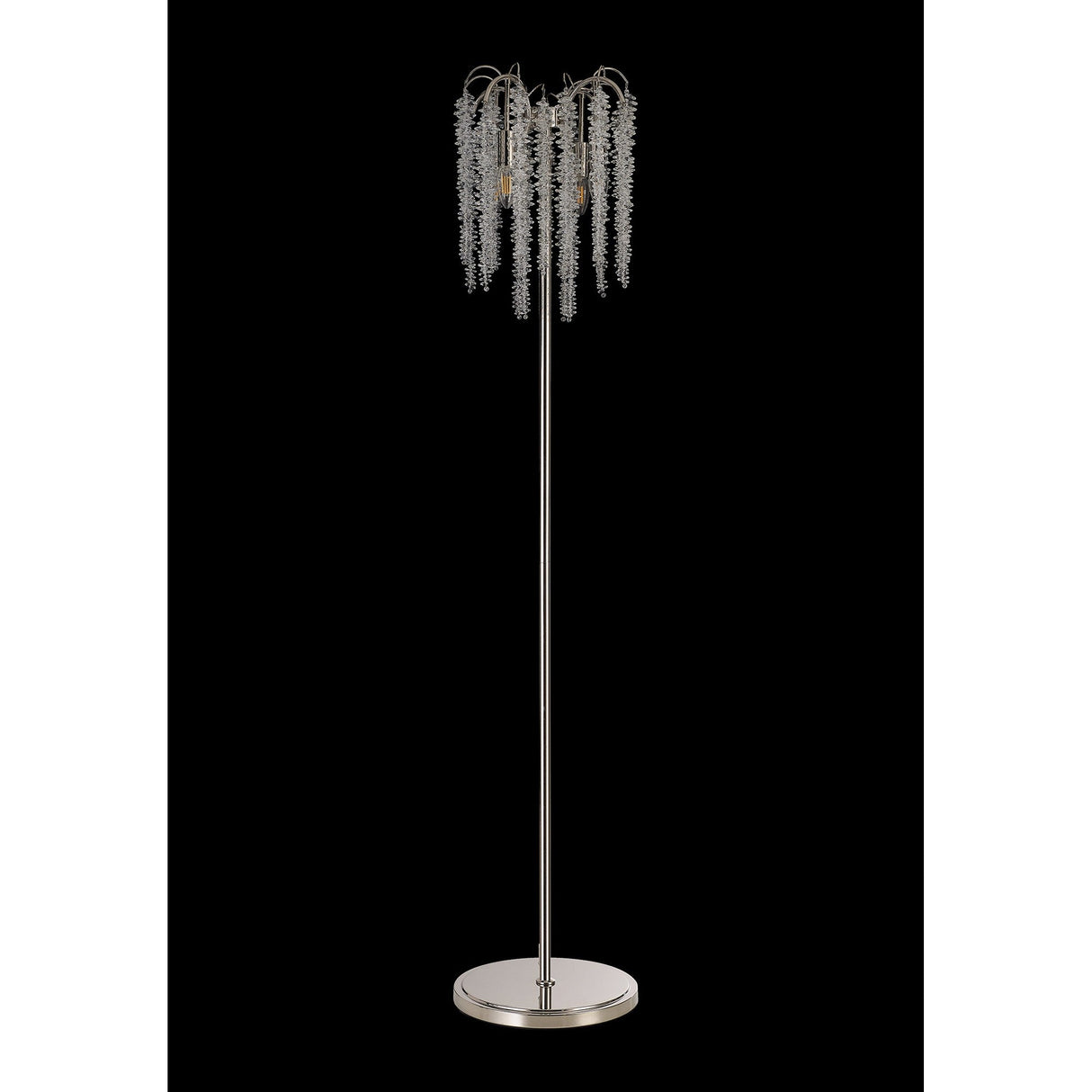 The Wisteria 4 Light Crystal Floor Lamp features a polished nickel base and stem with cascading crystal clusters like a chandelier, standing tall and modern against a black background.