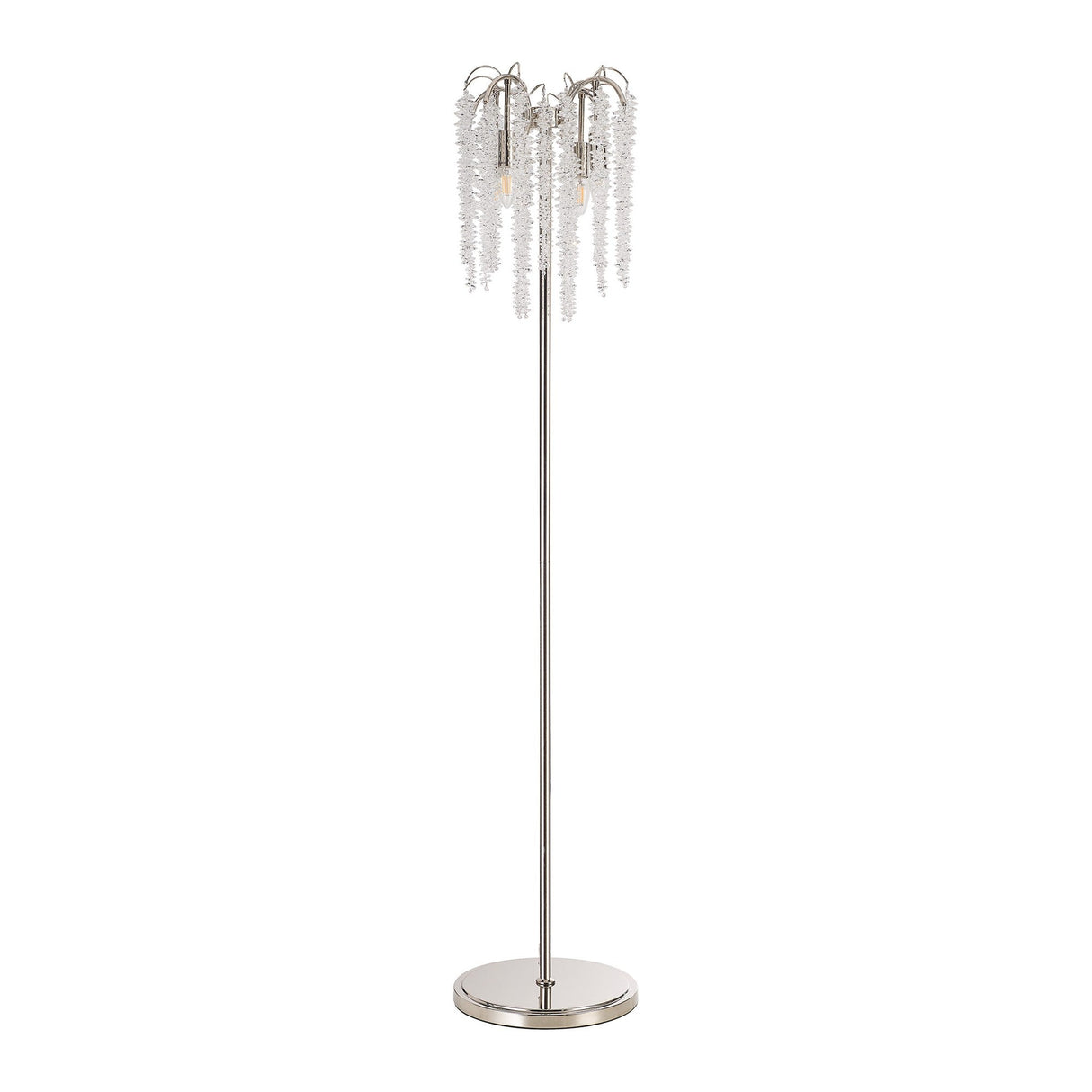 The Wisteria 4 Light Crystal Floor Lamp features a polished nickel stand and base with cascading crystal clusters hanging from the top, creating an elegant look reminiscent of delicate icicles or droplets.