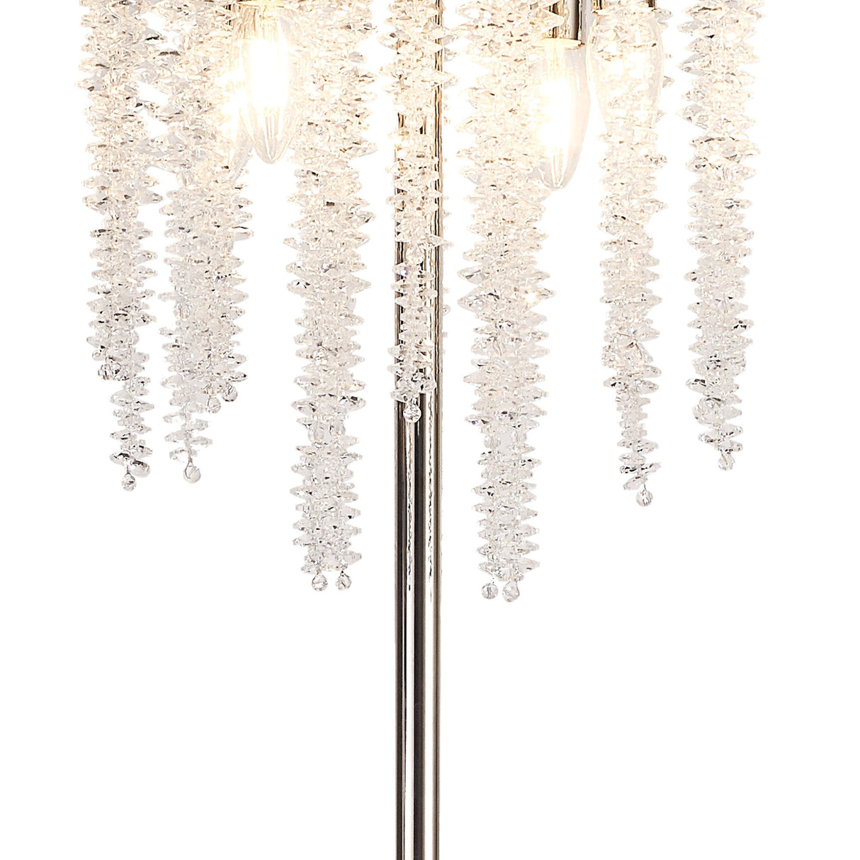 A close-up of the Wisteria 4 Light Crystal Floor Lamp in polished nickel, featuring cascading crystal clusters and glowing bulbs illuminating the elegant design.