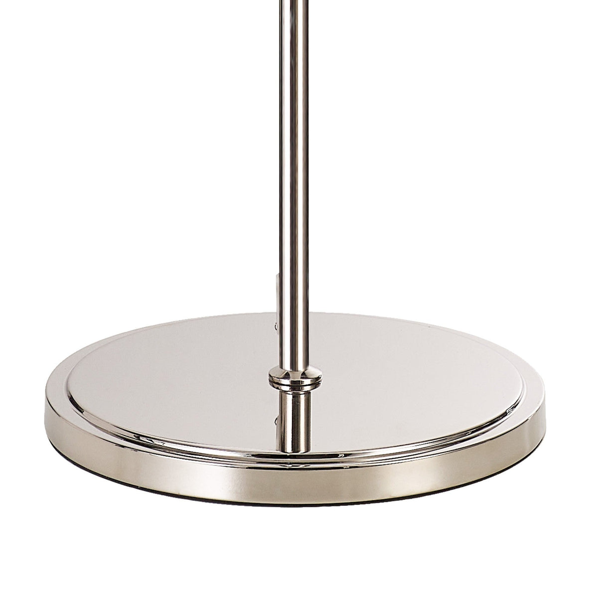 A close-up of the Wisteria 4 Light Crystal Floor Lamp's round, polished nickel base shows its sleek, reflective surface and central vertical pole.