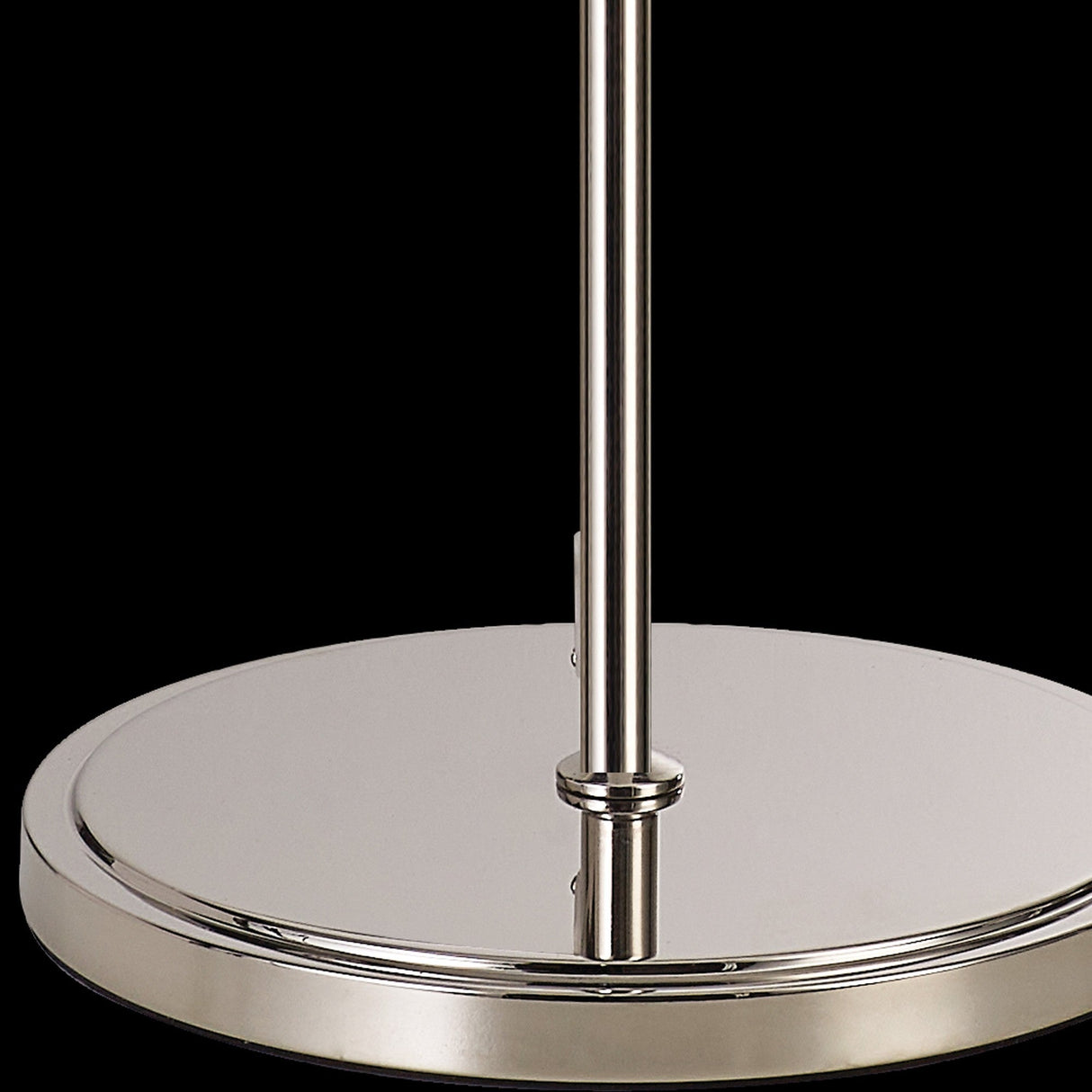 The Wisteria 4 Light Crystal Floor Lamp features a round, polished nickel base with a vertical pole, set against a black background.