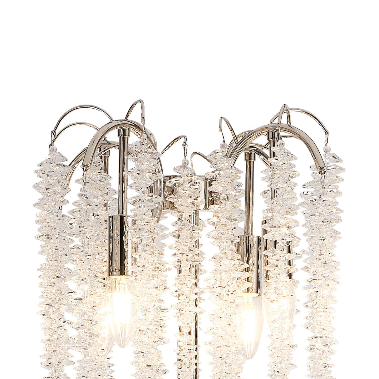 Close-up of the Wisteria 4 Light Crystal Floor Lamp in polished nickel, featuring cascading crystal clusters and exposed bulbs for a modern, illuminated look.