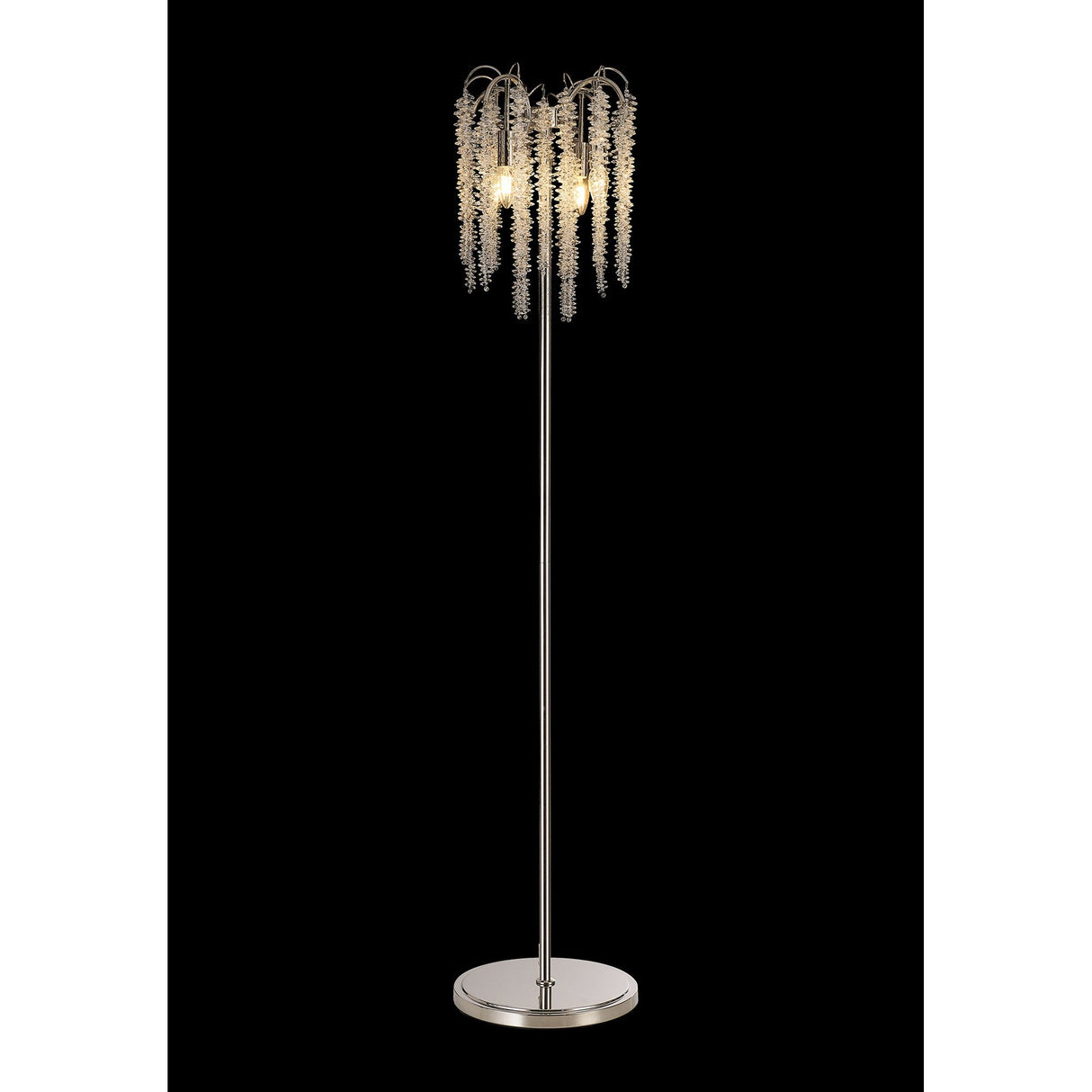 The Wisteria 4 Light Crystal Floor Lamp features a slender polished nickel stand, circular base, and cascading crystal clusters around the bulbs for a dramatic chandelier effect.