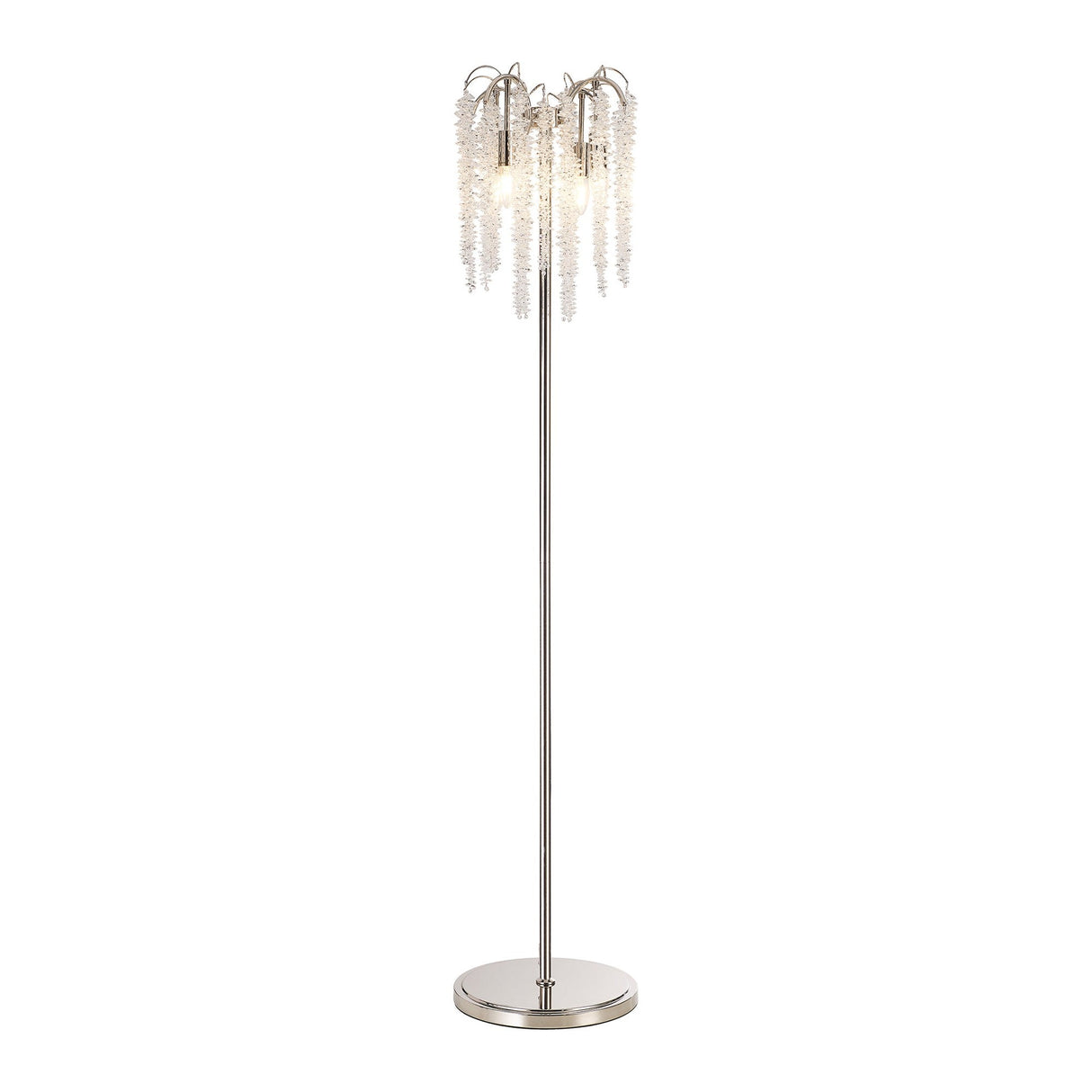 The Wisteria 4 Light Crystal Floor Lamp in polished nickel features a slim metallic stand with a round base and cascading crystal clusters resembling icicles, beautifully illuminated at the top.