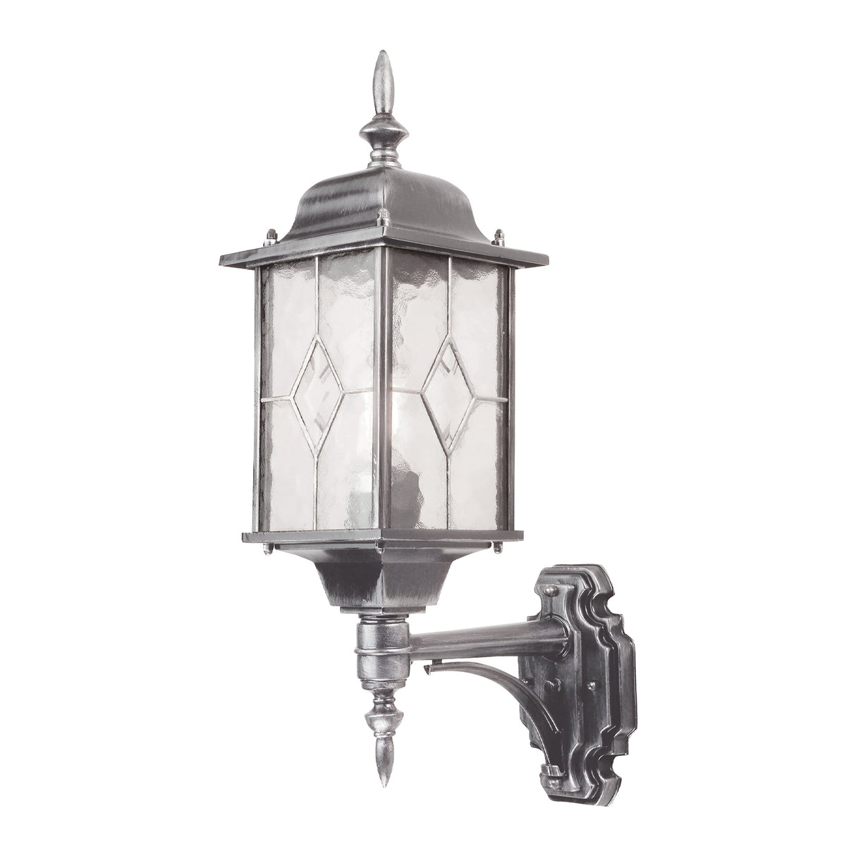 The Wexford 1 Light Outdoor Up Wall Light in Black/Silver showcases a vintage-inspired design with leaded glass panels featuring a diamond pattern. Its traditional lantern style is complemented by an ornate mounting bracket and a pointed top, adding an elegant touch to its appearance.