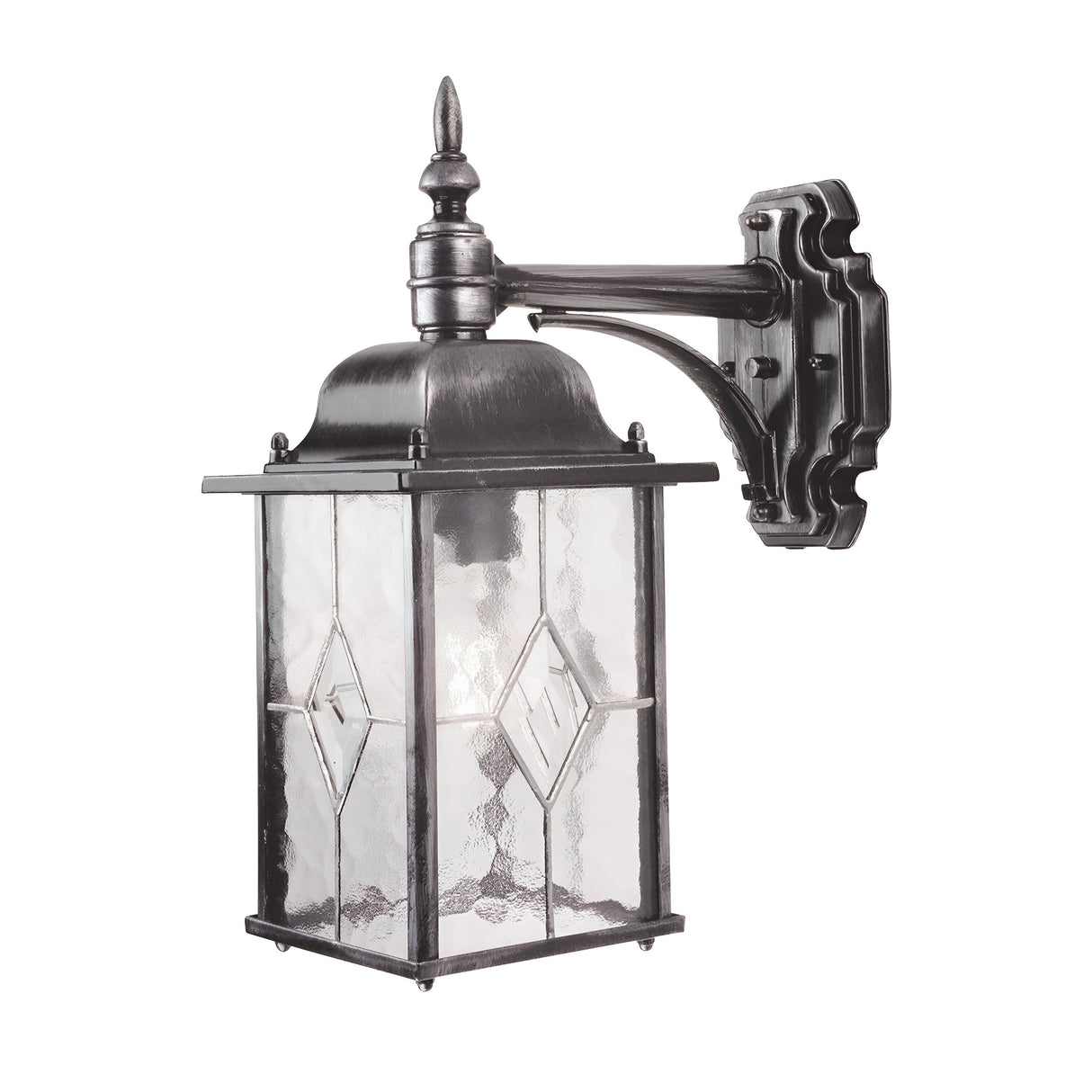 The Wexford 1 Light Outdoor Down Wall Light in Black/Silver is a vintage-style outdoor fixture with a durable black metal frame, ideal for weather-resistant illumination. It showcases clear glass panels adorned with diamond patterns and is gracefully mounted on an ornate bracket.