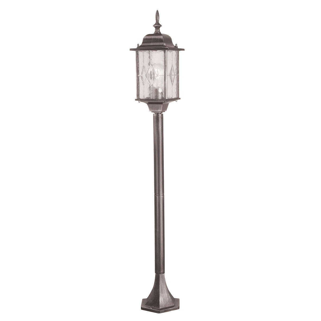 The Wexford 1 Light Pillar Light in Black/Silver features a tall, classic-style design made from durable materials, showcasing a lantern-style light fixture with clear glass panels that epitomize traditional elegance.