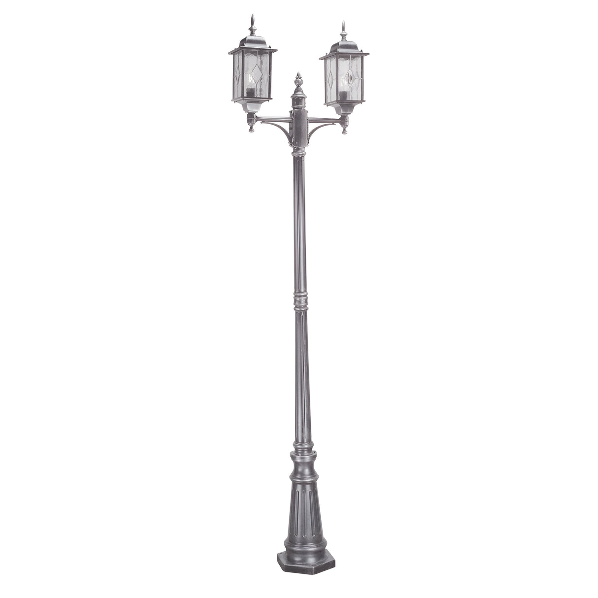 The Wexford 2 Light Lamp Post - Black/Silver is a tall, ornate street lamp with a vintage design, featuring two lanterns mounted on an intricately detailed decorative metal post. Ideal for outdoor lighting, this sophisticated fixture enhances any setting with charm and elegance.