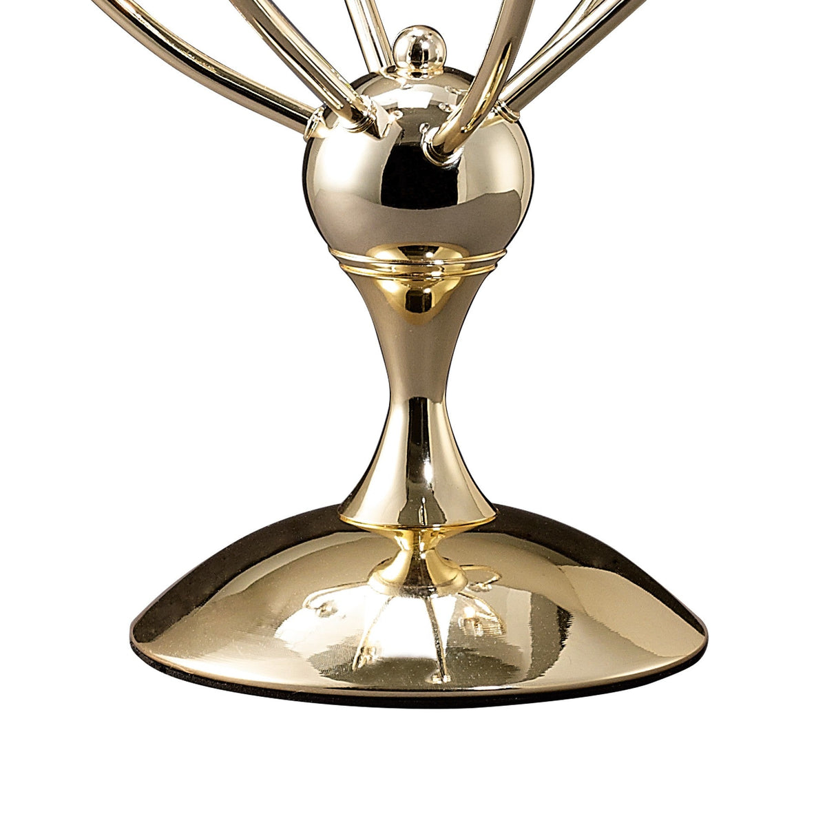 A close-up of the Xeena 3 Light Crystal Table Lamp in French Gold, featuring a shiny gold base with a wide, reflective bottom and curved supports connecting to a central sphere, evoking modern elegance.