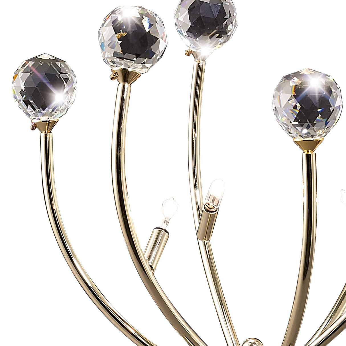 A close-up of the Xeena 3 Light Crystal Table Lamp in French Gold, featuring curved arms with faceted crystal balls and candle-like bulbs for a sparkling, elegant design reminiscent of classic chandeliers.