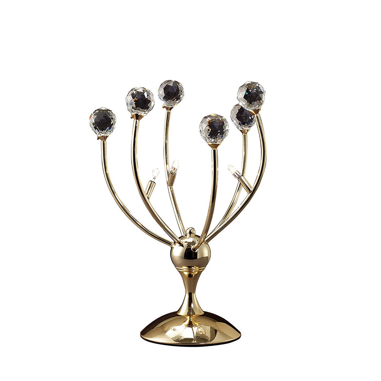 The Xeena 3 Light Crystal Table Lamp features three curved branches topped with faceted crystal-like orbs on a shiny round base, offering a modern look in an elegant French gold finish.