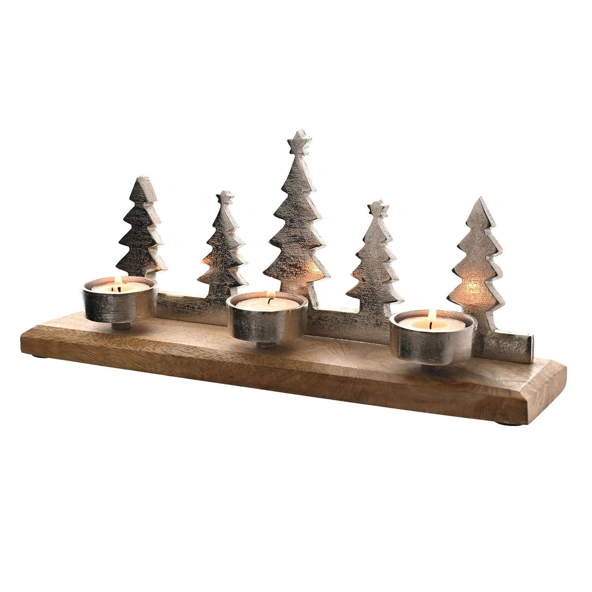 Metal and wood 3 tealight candle holder with five silver Christmas tree silhouettes on a slim metal strip, set on a brown wooden base, shown on a white background.
