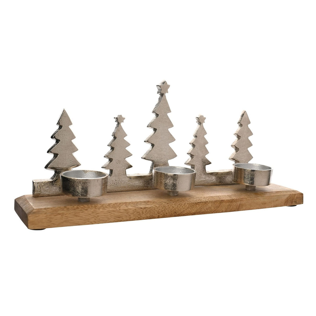 Metal and wood 3 tealight candle holder with five silver Christmas tree silhouettes on a brown wooden base, three round metal cups for tealights, shown on a white background.