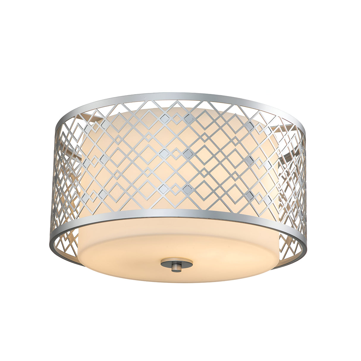 Introducing the Ziggy 2 Light Medium Flush in Lacquered Silver, featuring a modern circular design with a lacquered silver metal grid pattern enveloping an opal glass shade diffuser. This sleek fixture delivers a contemporary look, ideal for elevating any room's aesthetic.