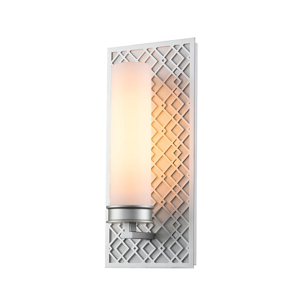 The Ziggy 1 Light Wall light in Lacquered Silver boasts a rectangular base with a decorative lattice pattern and supports a vertically mounted cylindrical opal glass shade that emits a warm glow.