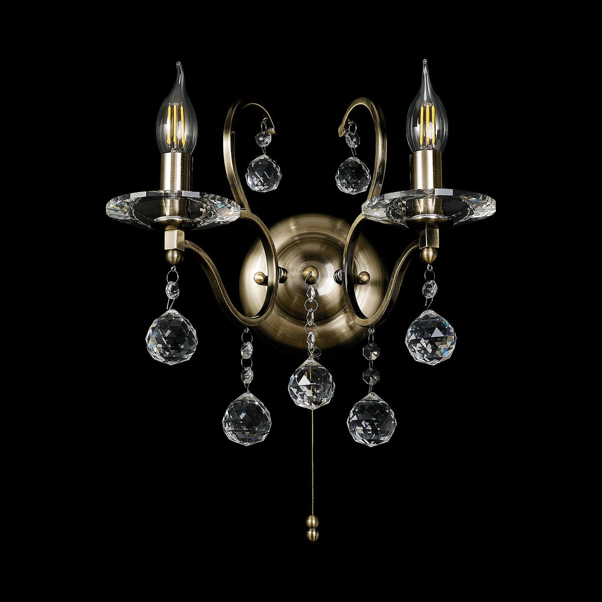 Zinta 2 Light Crystal Wall Light With Switch - Brass