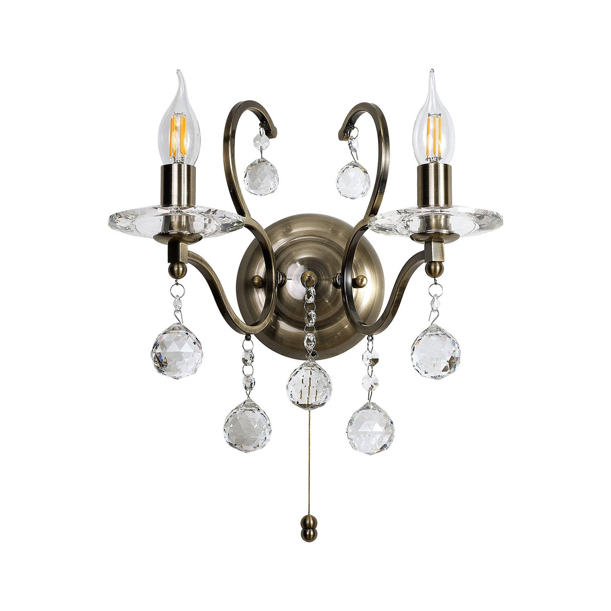 Zinta 2 Light Crystal Wall Light With Switch - Brass