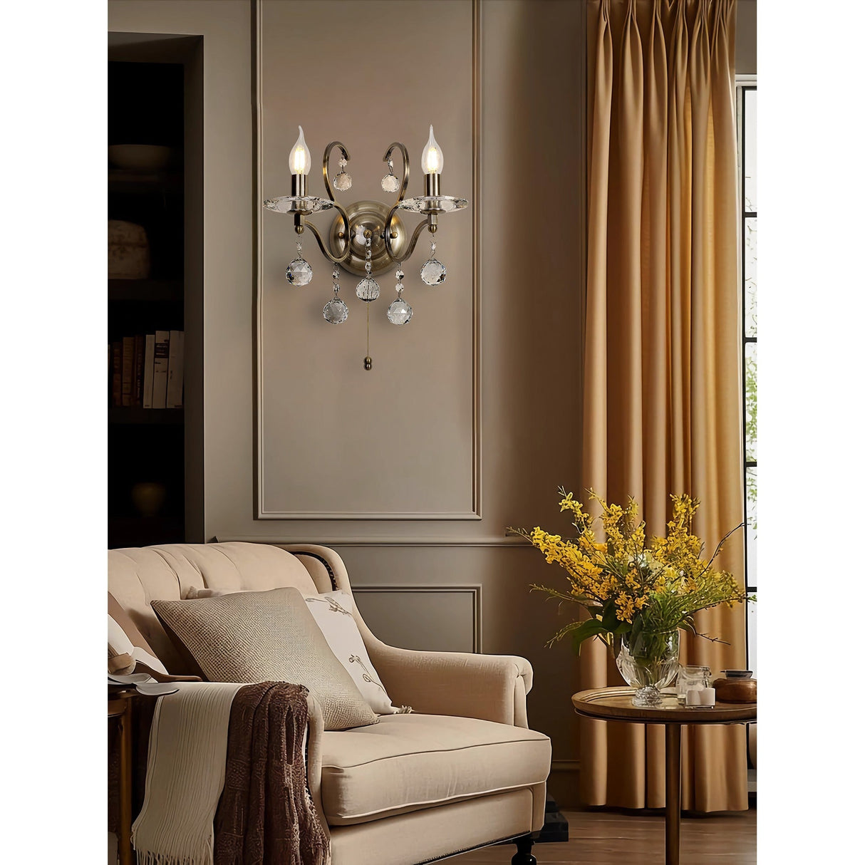 Zinta 2 Light Crystal Wall Light With Switch - Brass