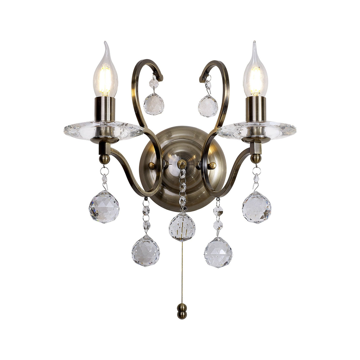 Zinta 2 Light Crystal Wall Light With Switch - Brass