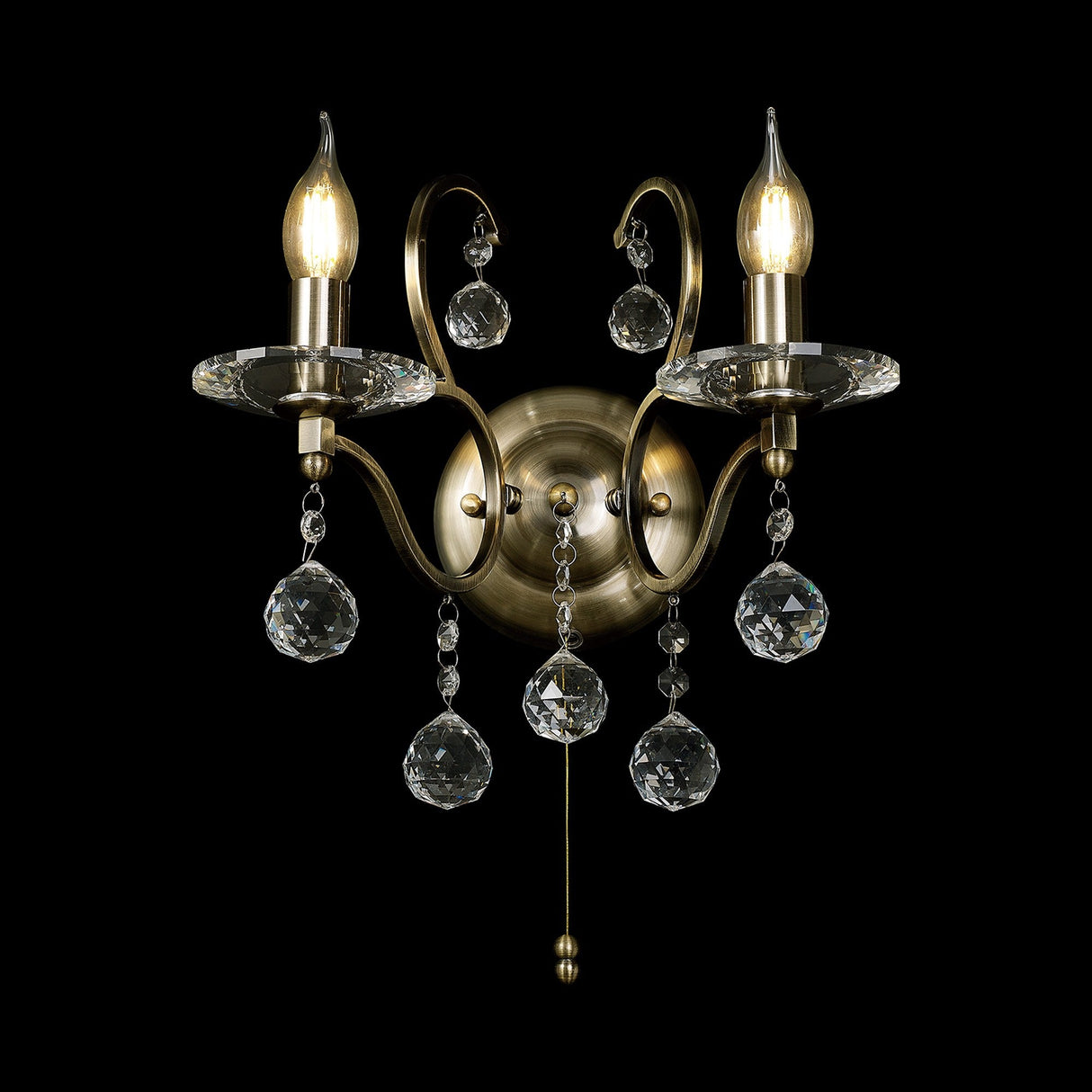 Zinta 2 Light Crystal Wall Light With Switch - Brass