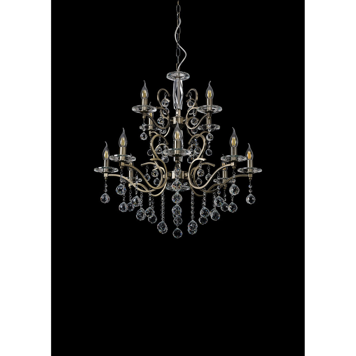Zinta 75cm 2 Tier 12 Light Crystal Chandelier - Antique Brass