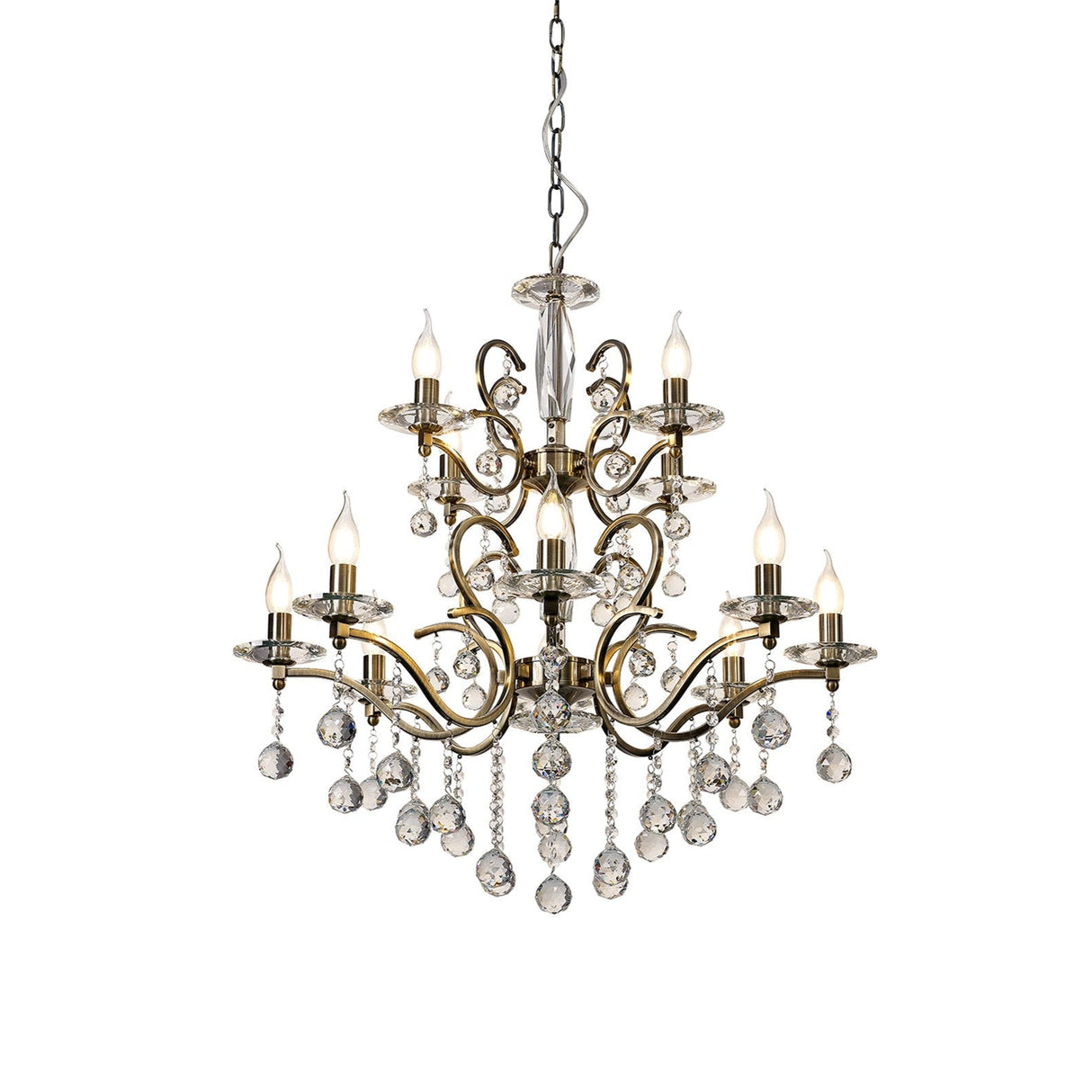 Zinta 75cm 2 Tier 12 Light Crystal Chandelier - Antique Brass
