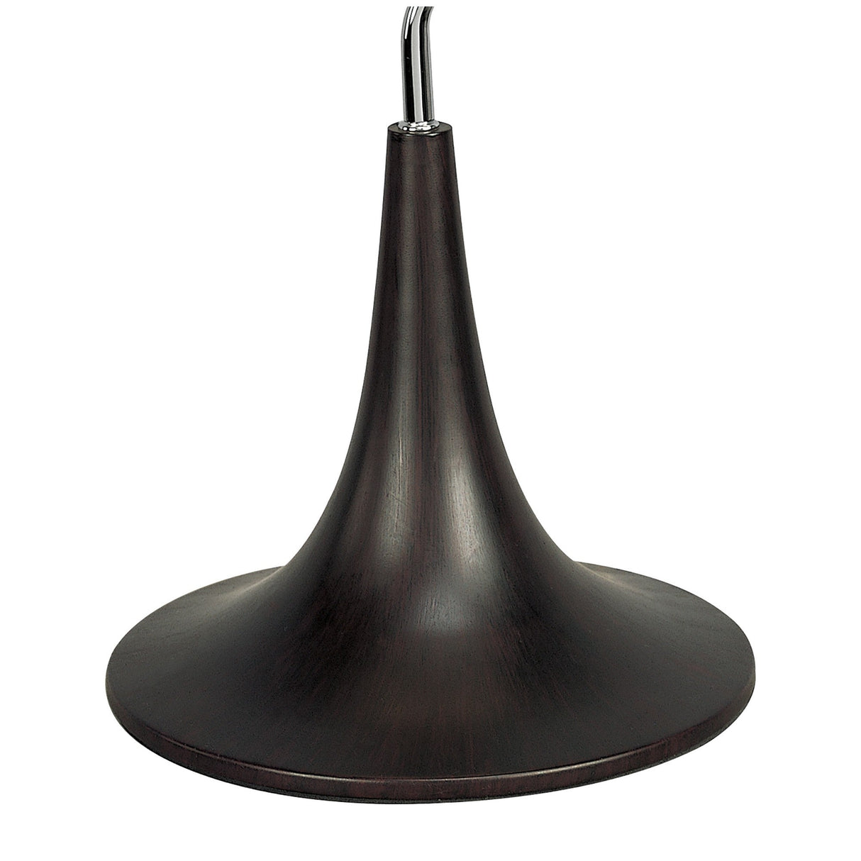 The Zira 2 Light Wood Table Lamp features a dark wood base with a trumpet shape and chrome rod, topped by a frosted white shade for a refined, contemporary look in any room.