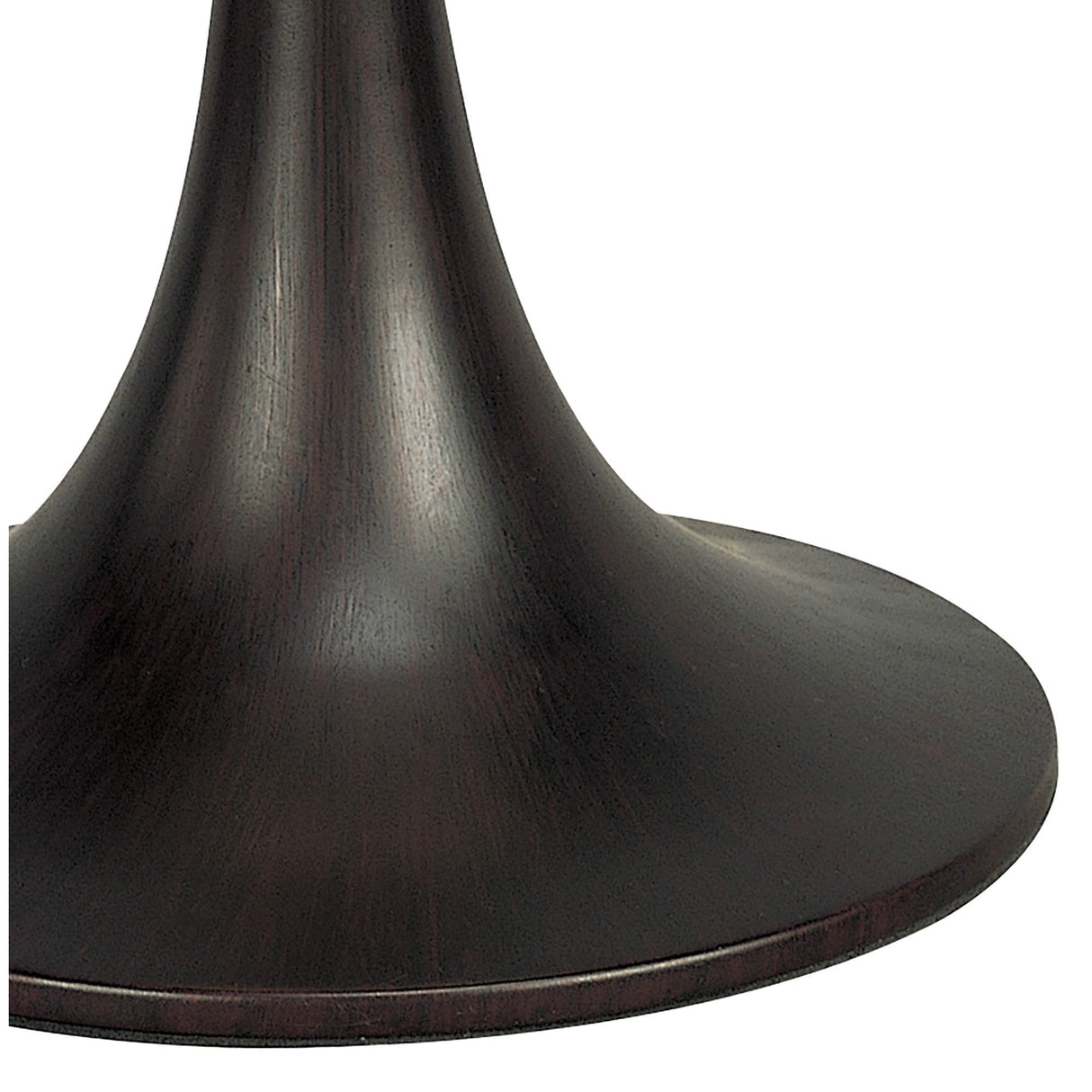 A close-up of the Zira 2 Light Wood Table Lamp’s dark, flared wooden pedestal base on a white background, showcasing its smooth polished finish and rich deep brown color.